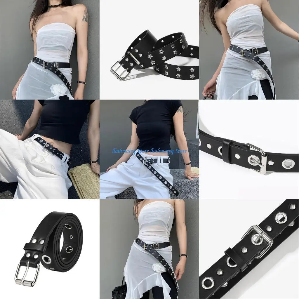 

573B Rock Fan Waist Belt with Metal Buckle PU Waist Belt for Jeans Coat Skirt Decors