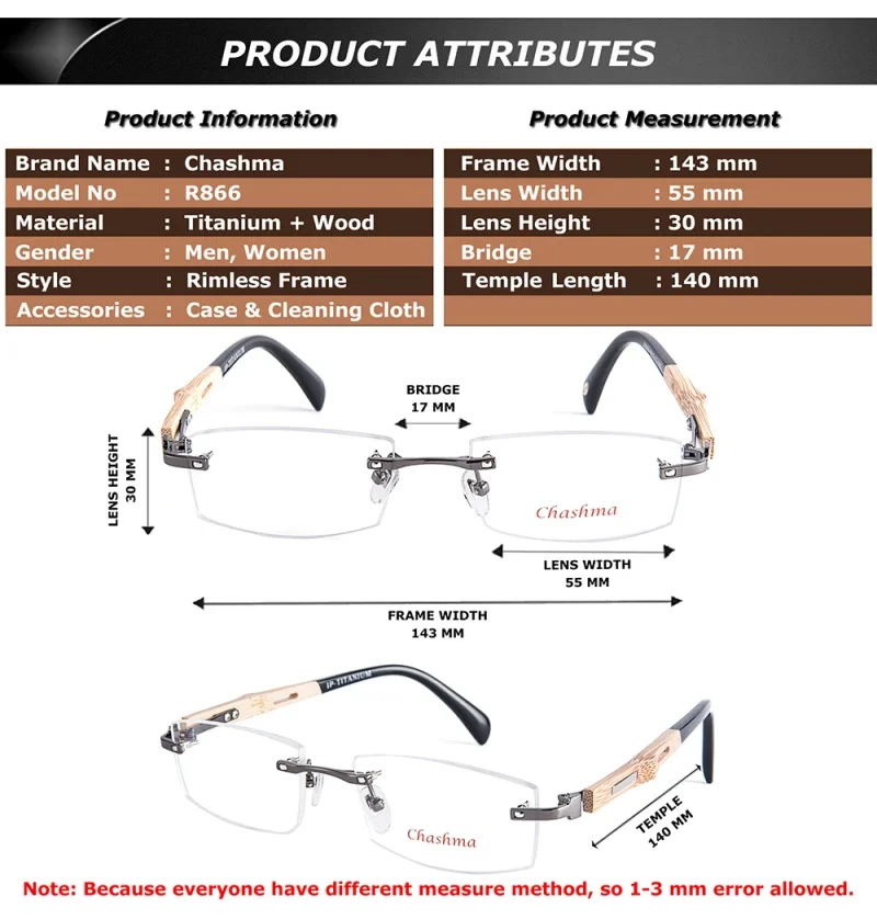 Chashma Brand Pure Titanium Frame Bamboo Wood Prescription Glasses RX Men Rimless Wooden Eyeglasses