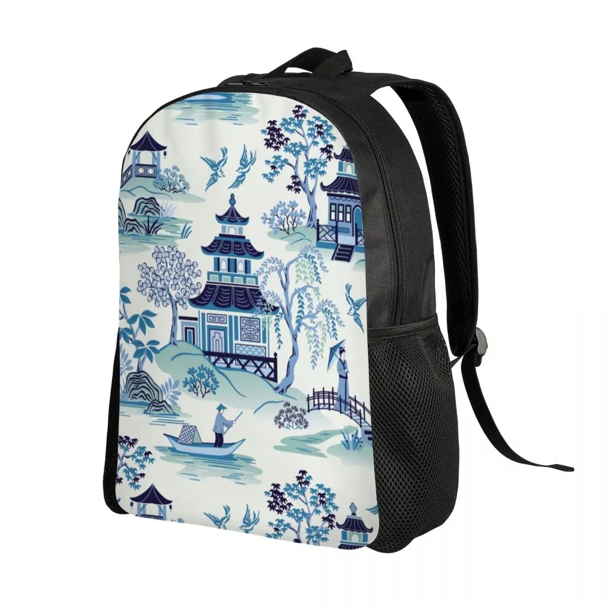 Mochila antiga personalizada de salgueiro, pagode chinês azul, bolsa casual para escola, faculdade, bolsas estilo oriental, homens e mulheres