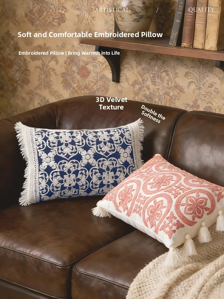 

Американская ретро-наволочка с вышивкой, этническая длинная подушка для дивана, прямоугольная подушка-спинка для гостиной с кисточками, поясничная подушка