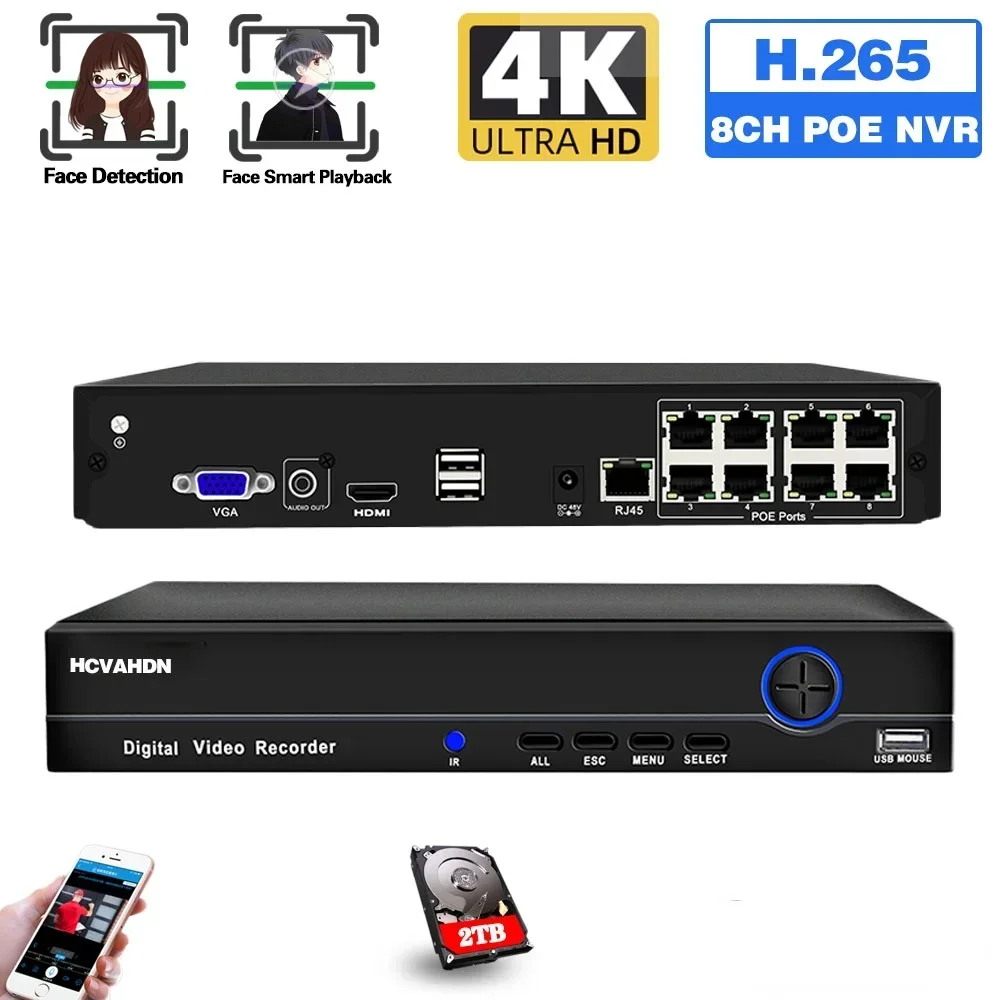 

Система видеонаблюдения H.265 4K 8CH NVR CCTV с PoE, 8-канальный сетевой видеорегистратор, IP-рекордер с функцией распознавания лиц, 16-канальный PoE NVR XMEYE 8MP
