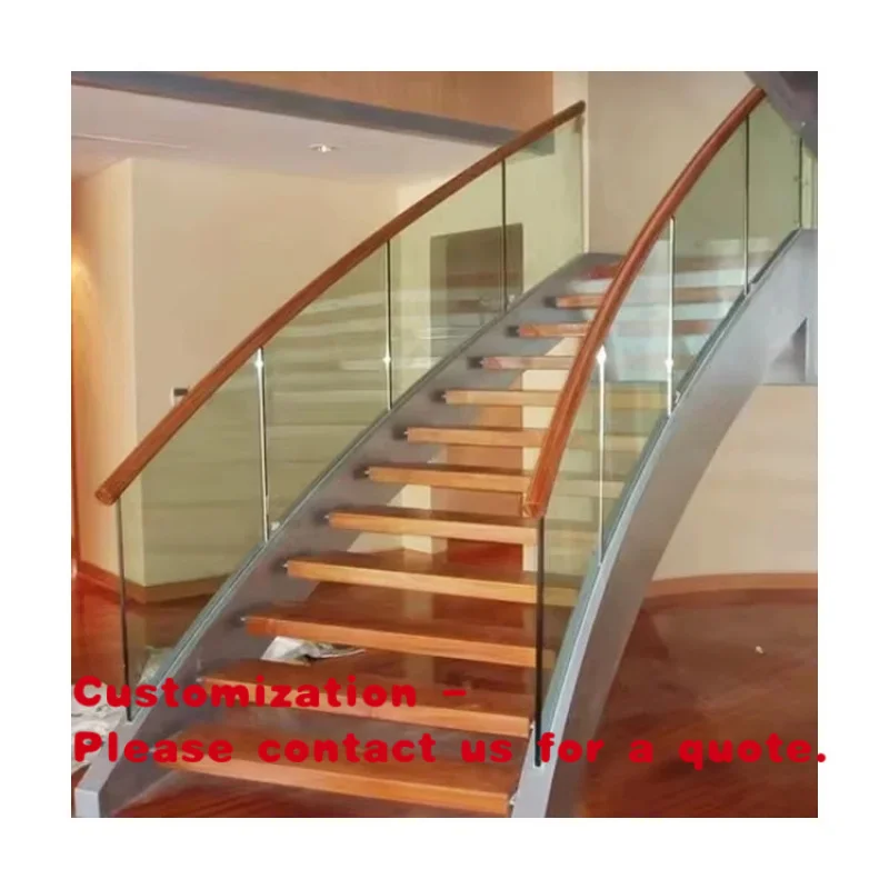 custom.Modern Stairs Glass Railing Wooden Step Straight Mono Stringer Staircase
