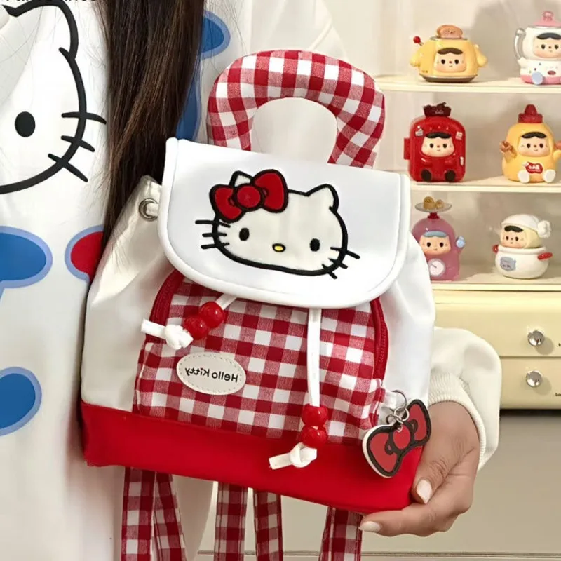 Sanrio Hello Kitty мультфильм портативный чехол на шнурке красный клетчатый рюкзак kt cat в студенческом стиле женский каваи модный крутой рюкзак