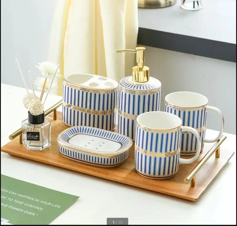 

Striped Gold Plated Ceramics Bathroom Accessory Set Toiletry Tools with Tray Soap Dishes Toothbrush Cup Toiletries Supplies