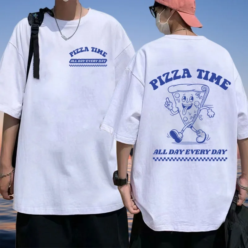 

Large Cotton Men's Clothing Pizza Time All Day Meme Printed Fun Cartoon Retro Harajuku Tee Casual Fashion Short Sleeved T-shirt