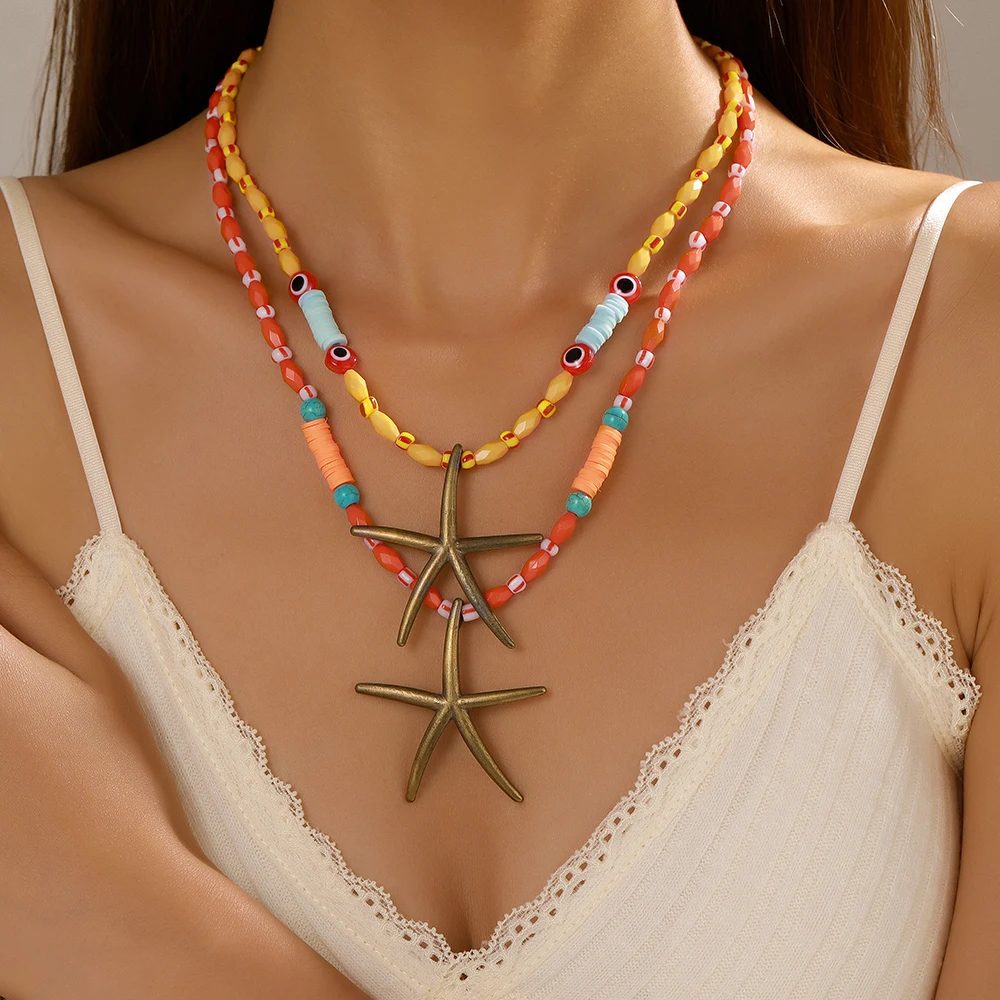 

Bohemian Starfish Charm Pendant Irregular Beads Evil Eyes Beaded Clavicle Chain Women's Necklace Holiday Jewelry