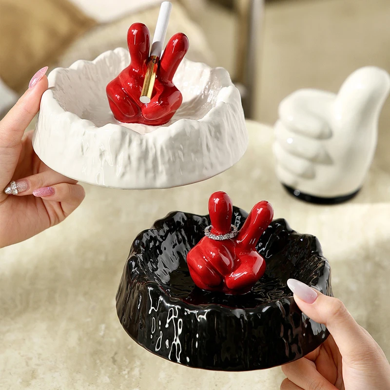 Creative Victory Gesture Ceramic Ashtray Irregular Rock Texture Cigarette Ash Tray Funny Hand Shape Ornament Home Bar Decor Gift