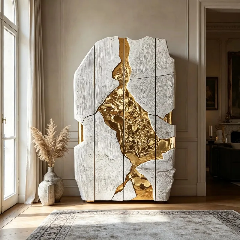 Gold-plated high cabinets in the shape of art fragments, matte stone decorative lockers, suitable for interior decoration