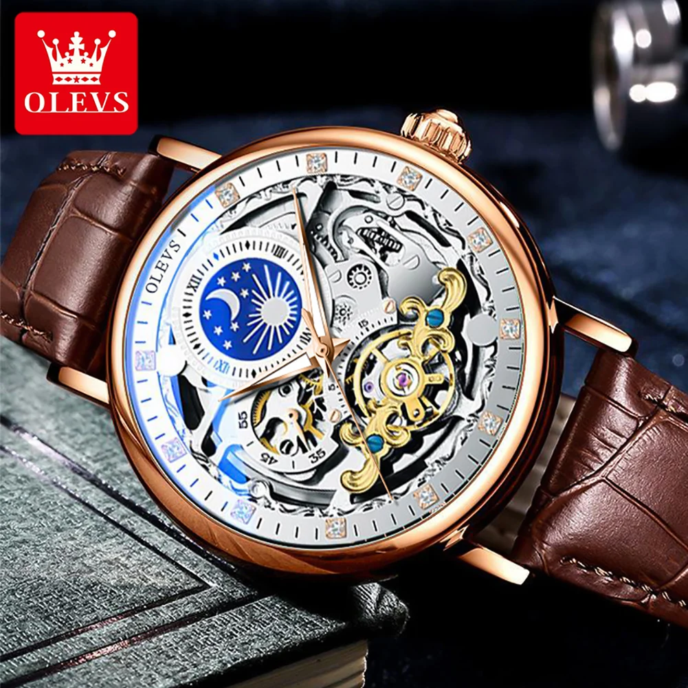 OLEVS Brand 2024 Fashion Moon Phase Skeleton Mechanical Watch for Men Sport Leather Waterproof Luxury Tourbillon Watches Mens