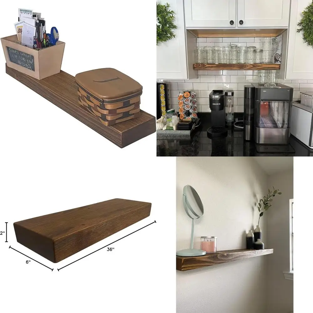أرفف حائط خشبية ريفية شديدة التحمل - بطول 36 بوصة وعمق 6 بوصة وسمك 2 بوصة - خشب طبيعي لمساحة عرض متينة #1