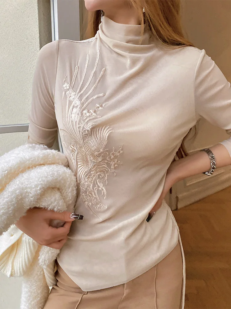 Dabuwawa Embroidered Mesh Gause Underlay T-Shirt Women 2023 New Collection Turn Down Collar Blouses Office Lady DM1CTS005