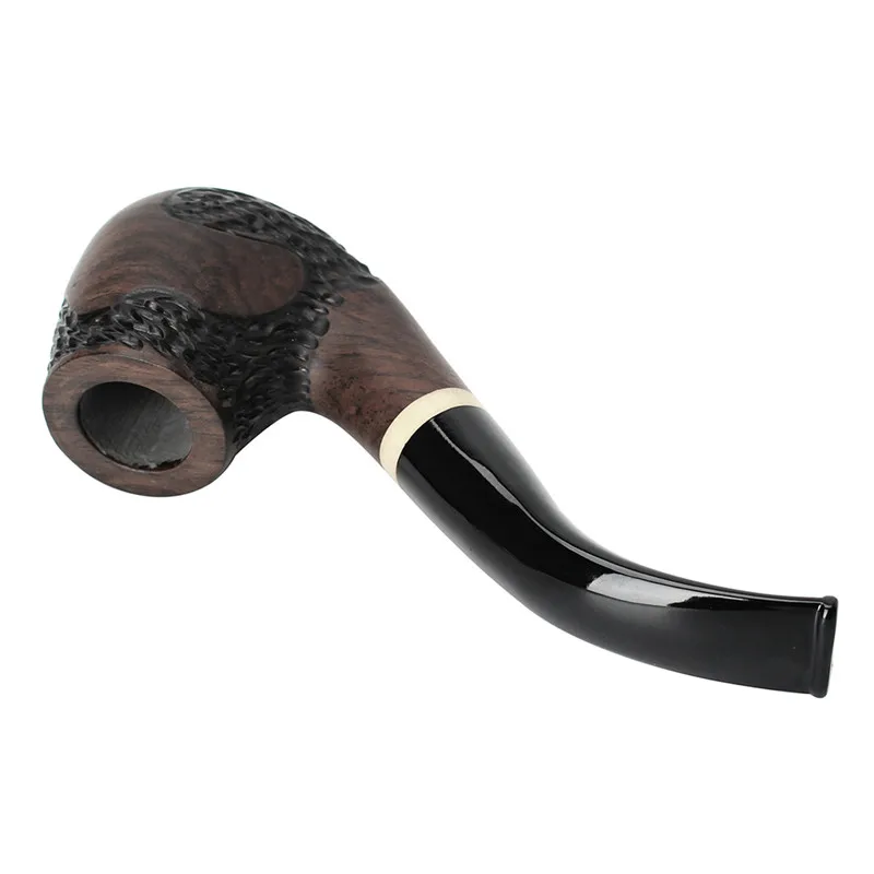 MUXIANG-Ebony Wooden Carved Smoking Pipe, Curved Handle, Imitation Ivory Ring, 9mm Filters, Free 10 Pipe Tools, wgac0024k01