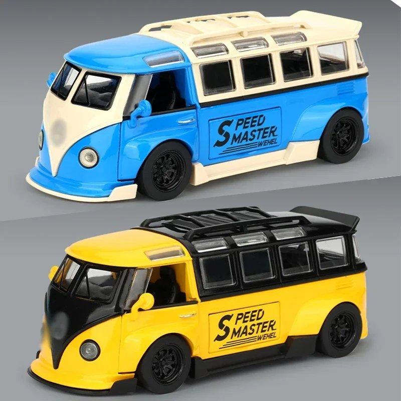 1:32 Volkswagen T1 Minibus Samba JDP Modified Toy Car For Children Diecast Miniature Model Sound & Light Collection Gift Boys