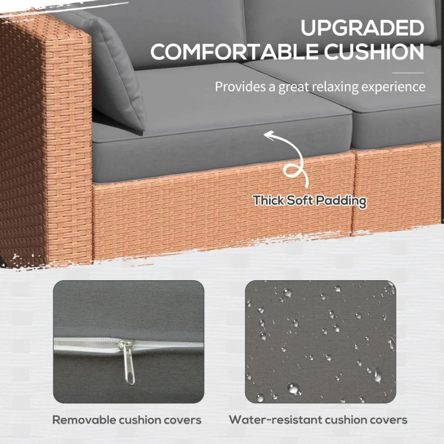 أريكة فناء من الخيزران مكونة من 3 مقاعد من PE Rattan للاستخدام الخارجي مع وسائد جلوس عميقة ورمل رمادي