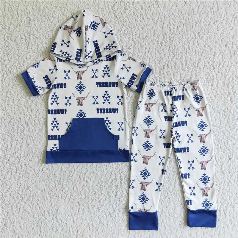 New Arrivals Fall Fashion Baby Boys  Bull Head Arrow Blue Pocket Hoodie Set Fall Wholesale Boutique Children Outfit