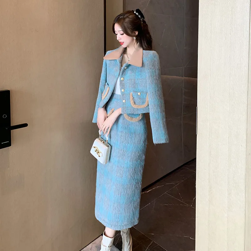 Fall Winter Women Small Fragrance Two Piece Sets Turn-down Collar Blazers Crop Coat And Pencil Skirts High Street Woolen Outfits