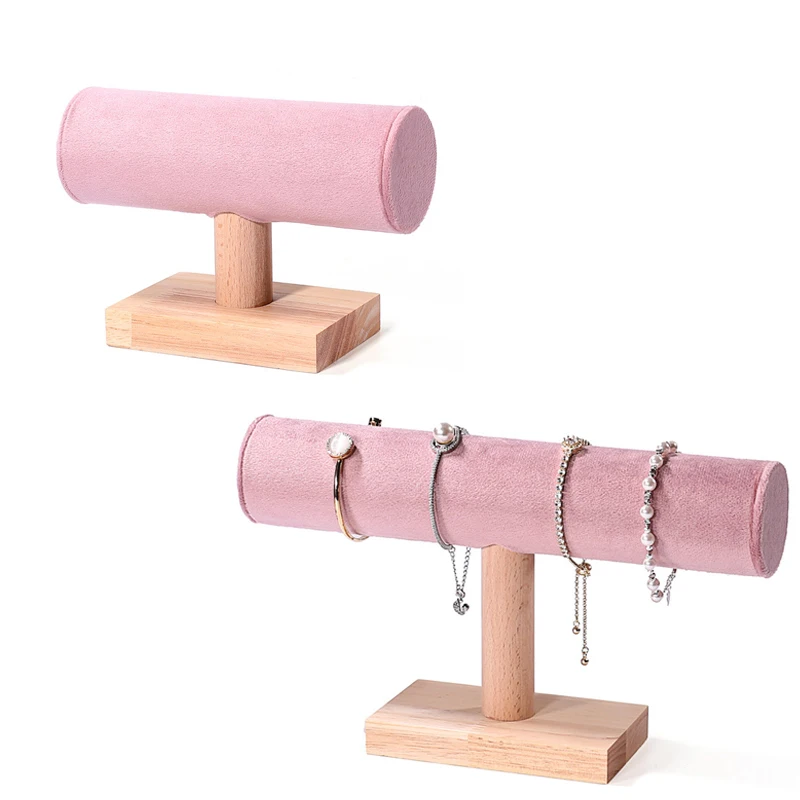New Solid Wood Pink Velvet Jewelry Display Stand Ring Earrings Bracelet Necklace Watch Pendant Storage Display Stand