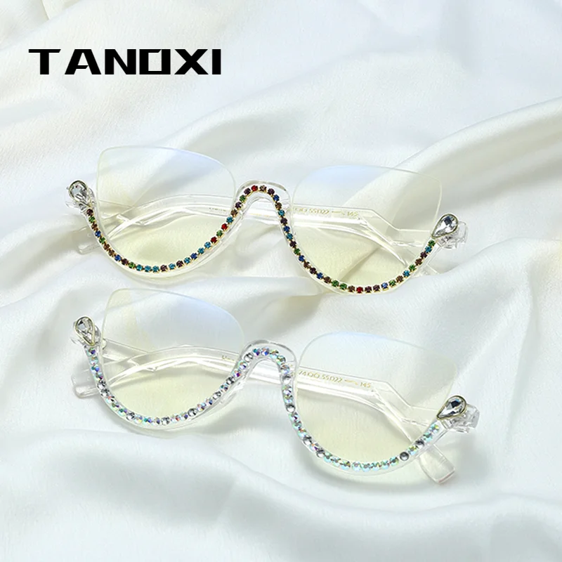

TANOXI Anti Blue Light Kardashan Flat Shield Fashion Punk Sunglasses Women Y2K Sun Glasses Dimond Cutting Semi Rimless Eyewear