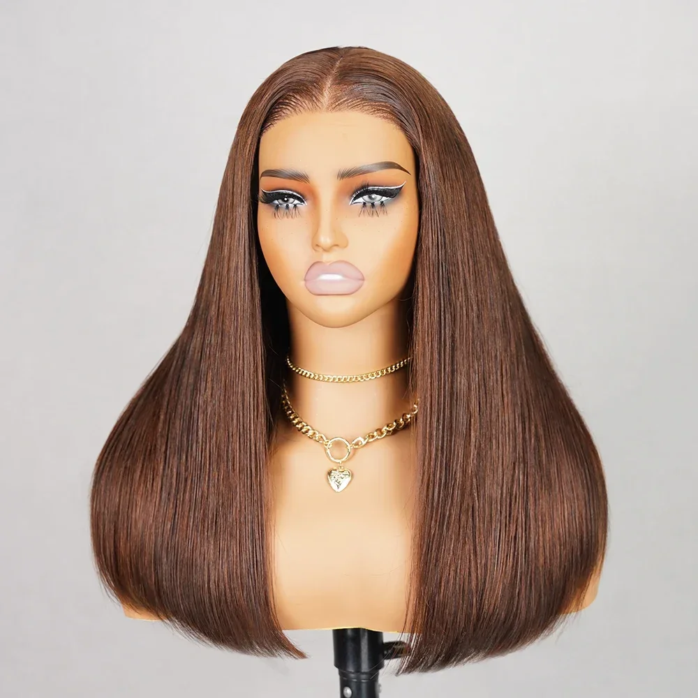 

26-дюймовый бесшовный длинный коричневый парик из шелковистых прямых волос, плотность 180%, термостойкий, с кружевной передней частью, для женщин, с эффектом натуральной линии роста волос, для повседневного использования