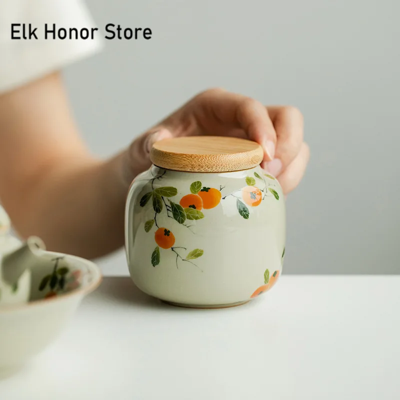 Pure Hand-painted Persimmon Ceramic Tea Caddy Leaf Jar Sealed Moisture-proof Mini Storage Portable Small Tea Box Organizer Tank