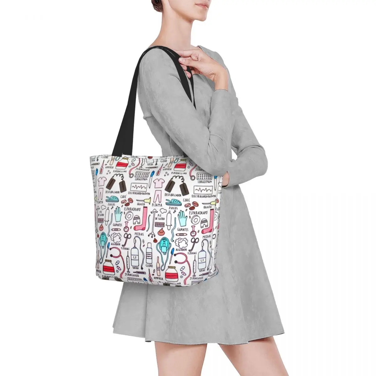 

NOISYDESIGNS Reusable Shopping Shopper Bag Canvas Cartoon Nurse Pattern Casual Tote Bag for Women Girls Book Travel Zipper Purse