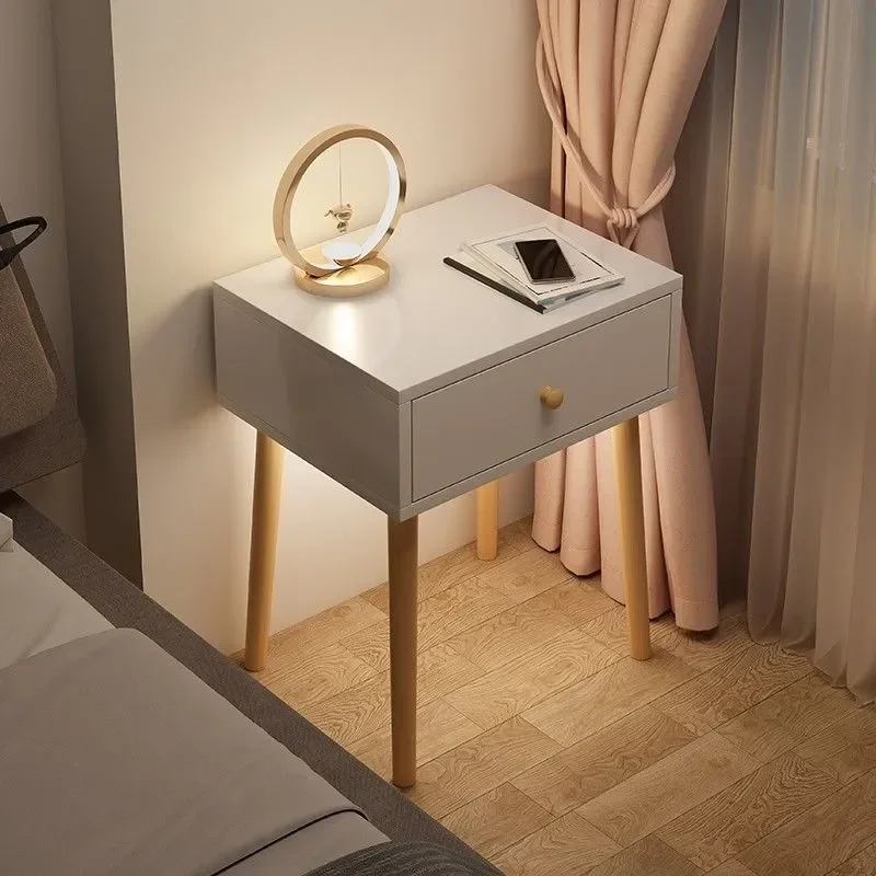 Modern Nightstand with Drawer, Bedside Table with Solid Wood Legs, Adorable Practical End Side Table with Open Storage Shelf