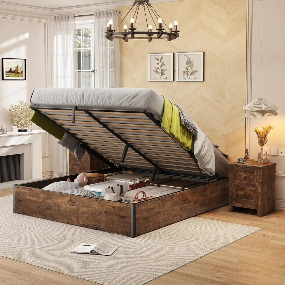 Lift Up Storage Bed, Full Bed Frame with Storage Underneath, Wooden Platform Bed Frame, Solid Wood Slats Support, No Fixed