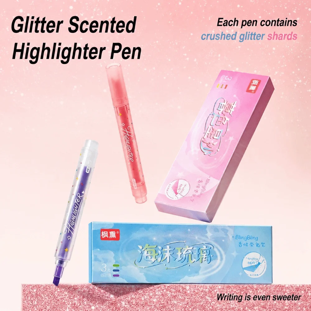 3pcs Durable With Scent Glitter Highlighters Chisel Tip Multi-functional Shimmer Highlighter Pen Colored Markers School Supplies