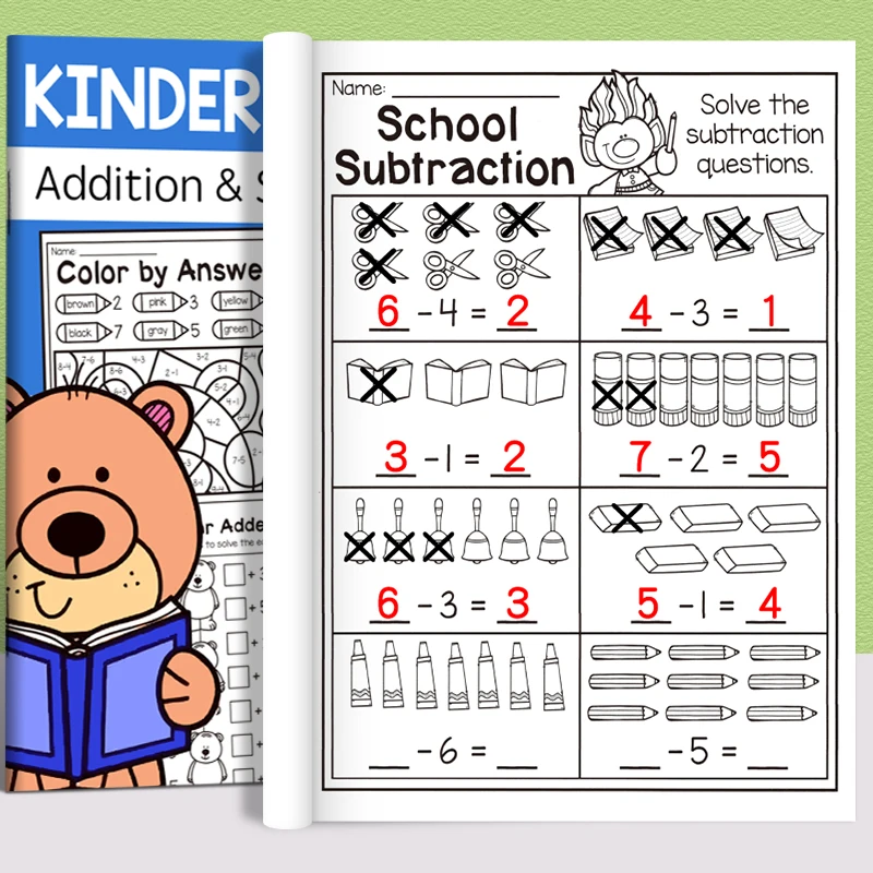 32-Page Interactive Math Learning Workbook with Addition & Subtraction Worksheets, Crossword Puzzles, Colorful Math Activities