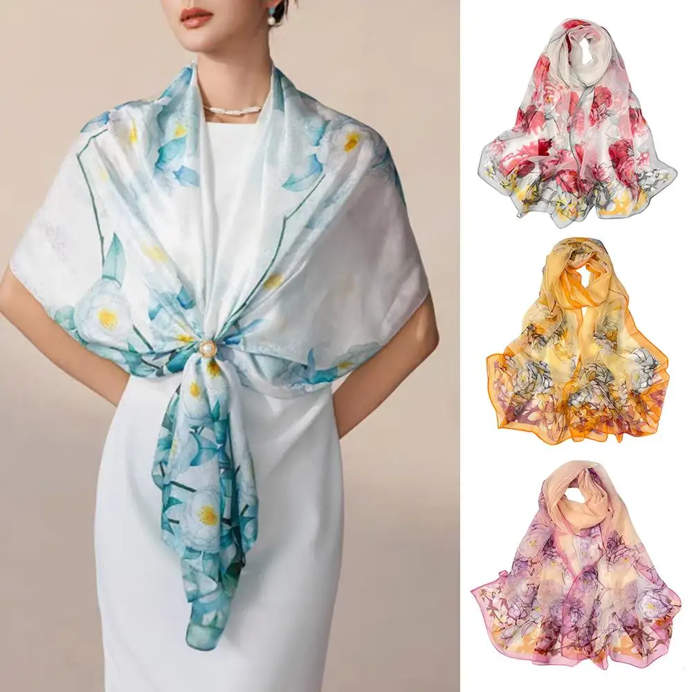 

Floral Printed Sun Protection Shawl Big Size Imitation Silk Scarves Chiffon Fashion Decor Silky Light Luxury Items Thin Scarf