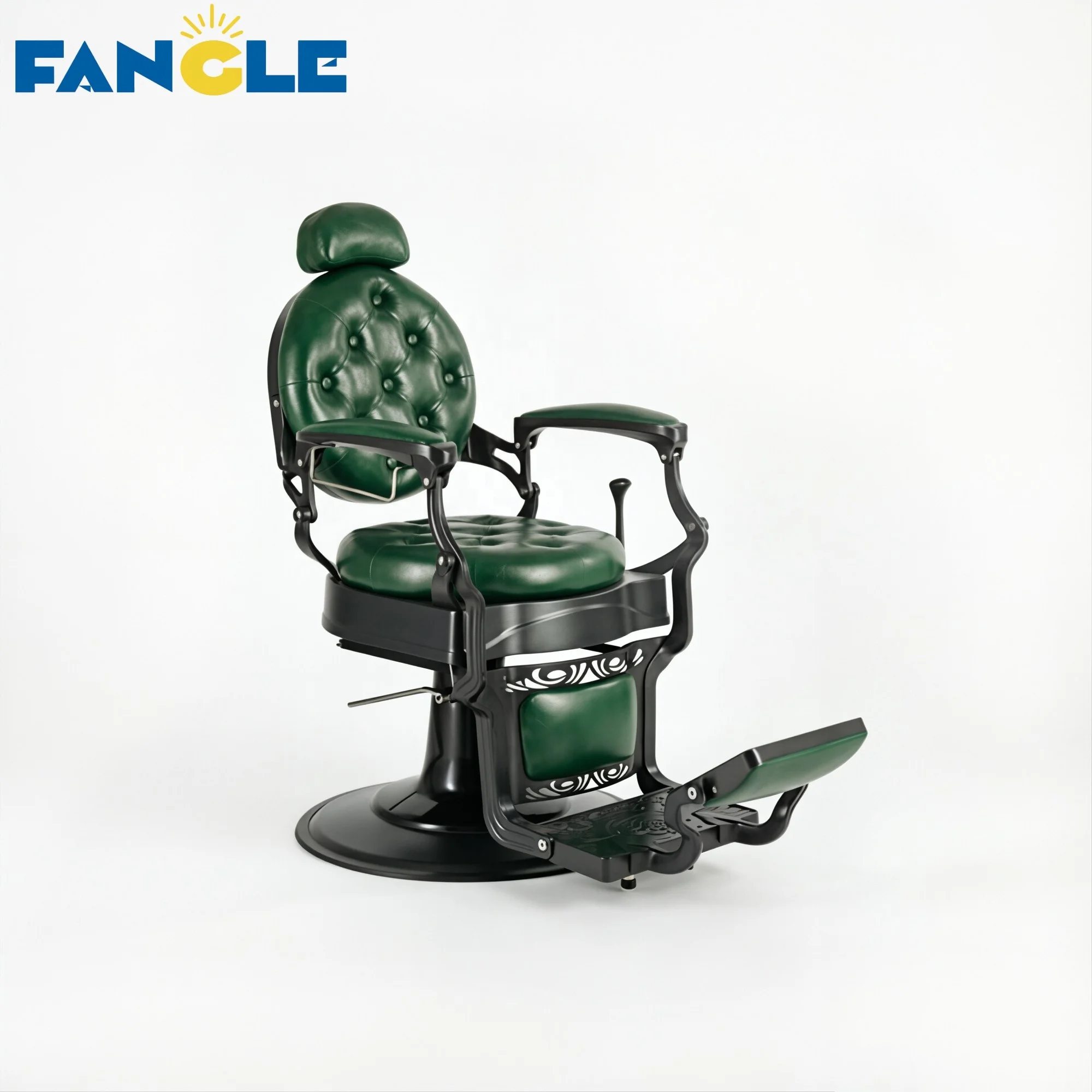 Luxury Retro Dark Green Leather Black Base Classic Vintage Salon Barber Chair Salon Station Salon Furniture Hairdressing Chair