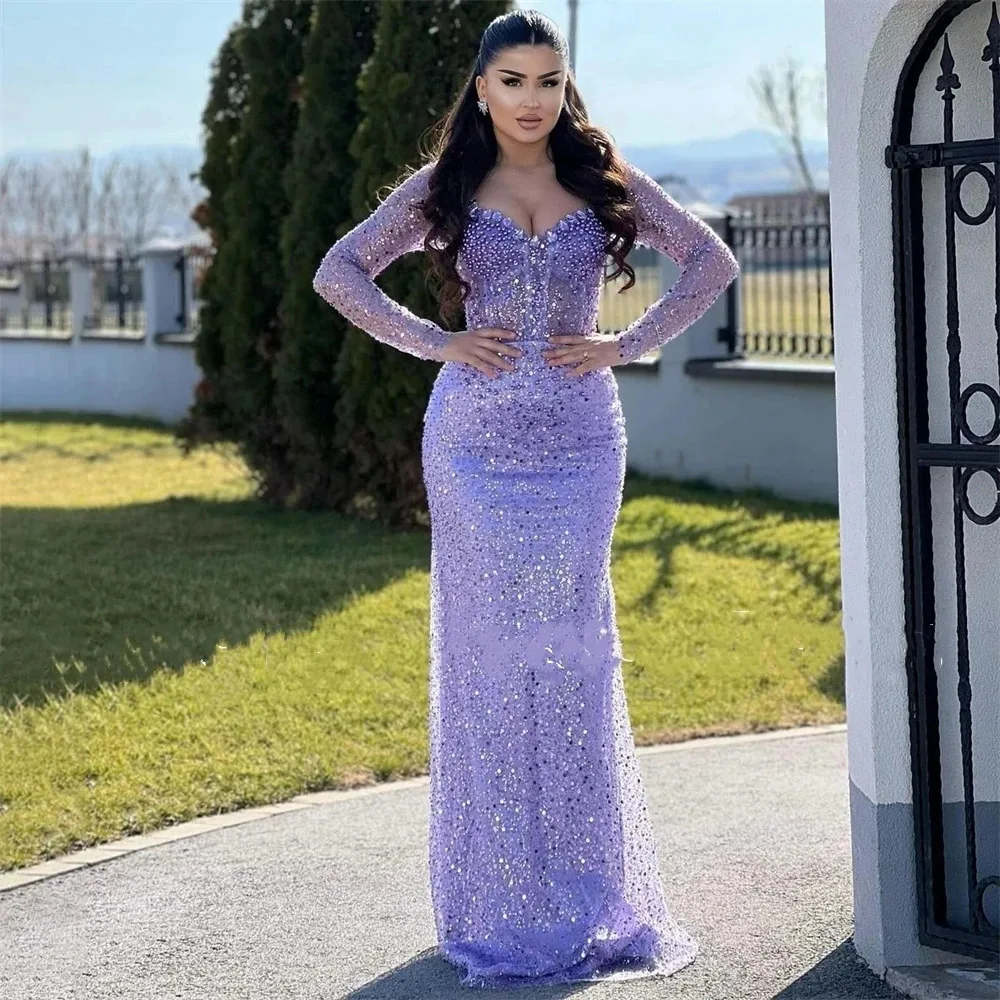 Purple Sequined Sweetheart Prom Dresses Mermaid Crystal Long Sleeves Evening Gowns Floor Length Wedding Guest Dresses