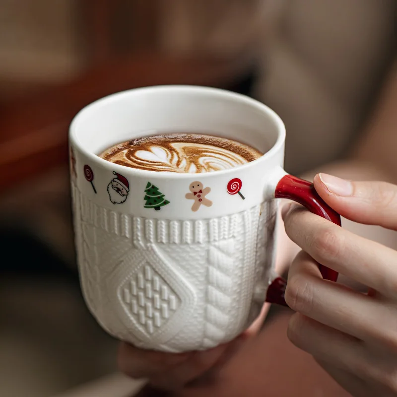 2Pcs/Set 12oz Ceramic Espresso Cups Porcelain Coffee Mugs Set for Tea Latte Cafe Mocha Couple Cozy Sweater Cups Christmas Gift L
