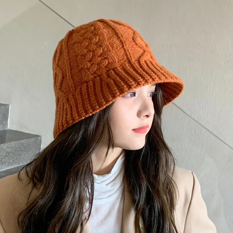 Wool blended woolen Yarn Bucket Hat Women  winter Korean version versatile warm Japanese solid color knitted thickened basin hat