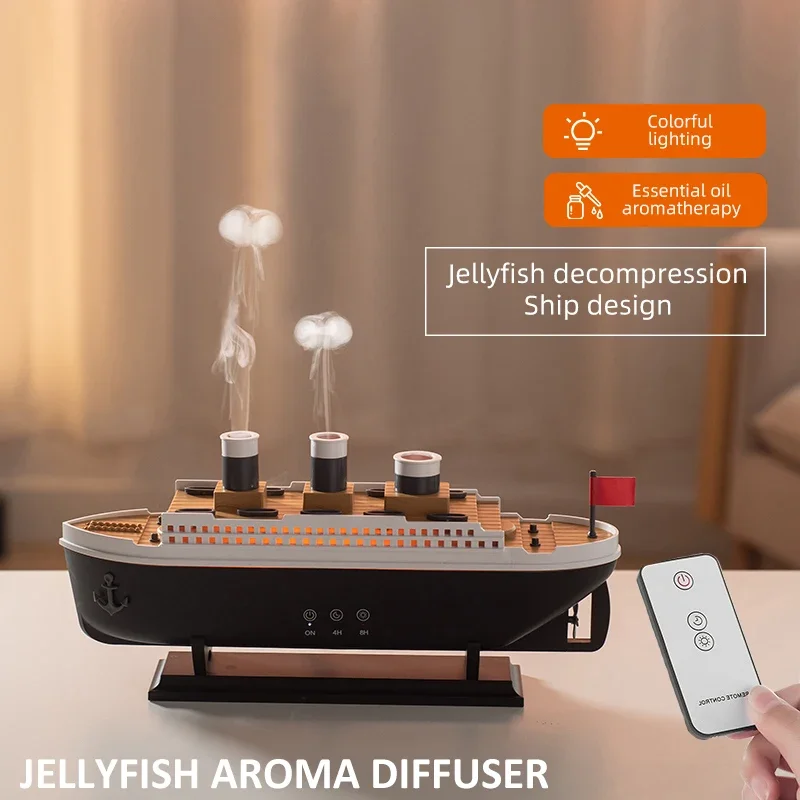 Ocean Liner Design Aroma Diffuser Cool Mist Air Humidifier Colorful Night Light Remote Control Timing for Spa Yoga Room Gift