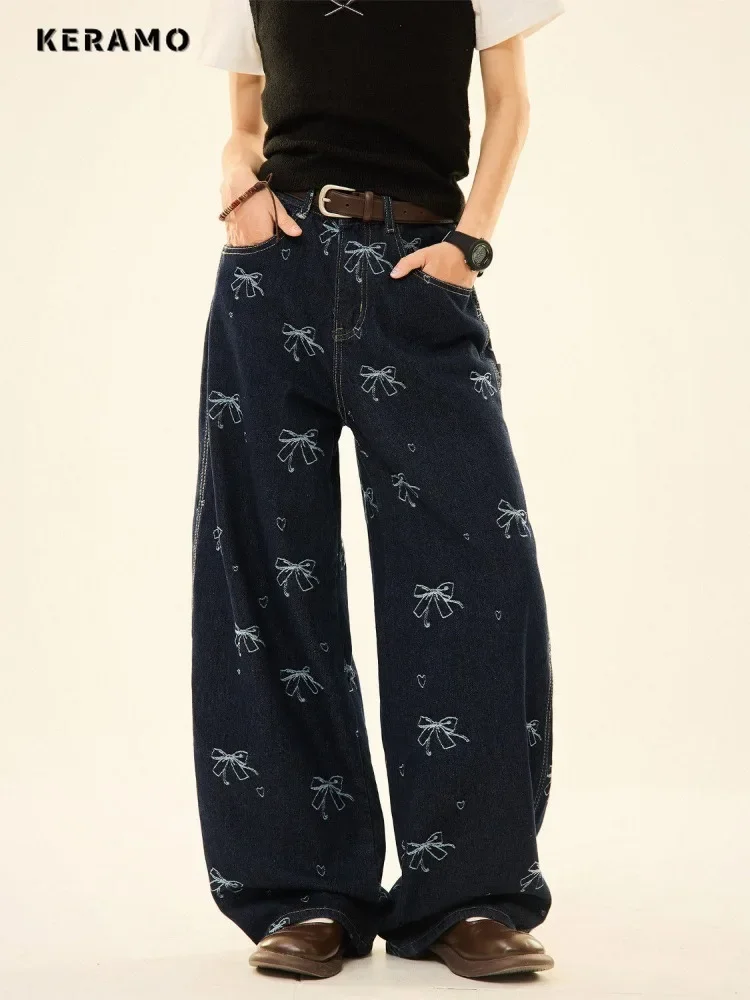 

American Vintage High Waist Bow Print Jeans Women's Casual 2000s Street Washed Pants Baggy Y2K Wide Leg Grunge Denim Trouser