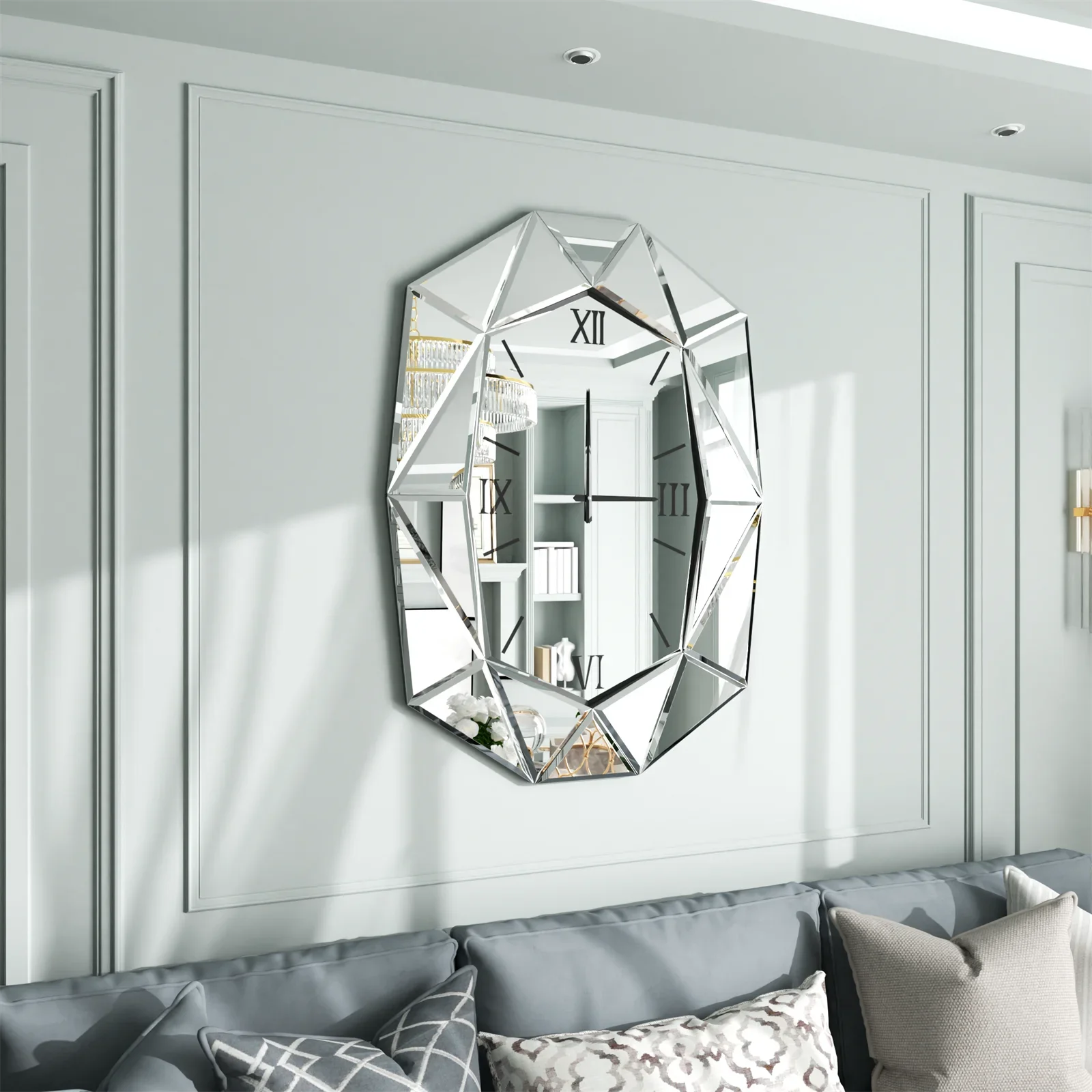 For Wisfor Mirrored Wall Clock Irregular Decorative Beveled Diamond Mirror with Roman Numeral Clock for Living Room Entryway