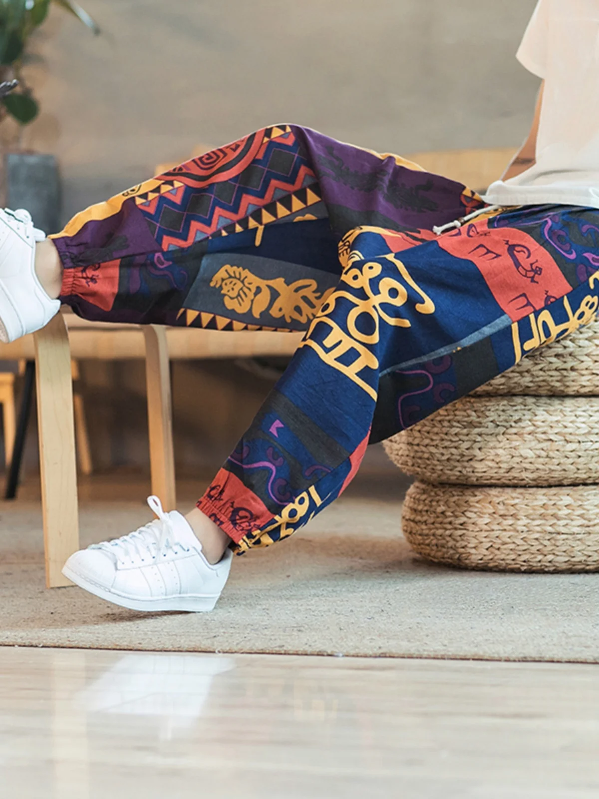 

Мужские летние тонкие шаровары с льняным принтом, свободные повседневные брюки, дышащие брюки из девяти предметов, модные Harajuku Sle