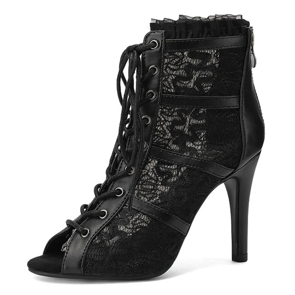 

Кружевные ботильоны для латинских танцев, черные туфли на каблуке для латинской сальсы для танцевальной вечеринки, индивидуальный логотип и подошва, танцевальные туфли на каблуке бачате для женщин