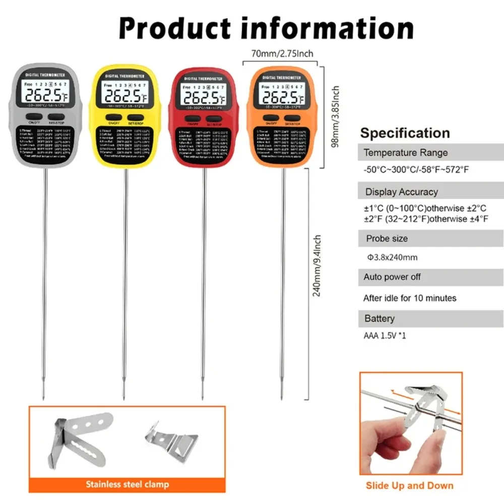 Digital Instant Read Candy Meat Thermometer Large LCD Backlight Stainless Steel Pot Clip Deep Fry Sugar BBQ Milk Coffee Cooking