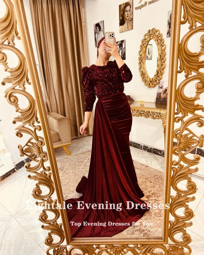 Eightale Evening Dresses Sparkly Velvet Arabic Muslim Celebrity Prom Party Dress Detachable Skirt vestidos de ocasión formales