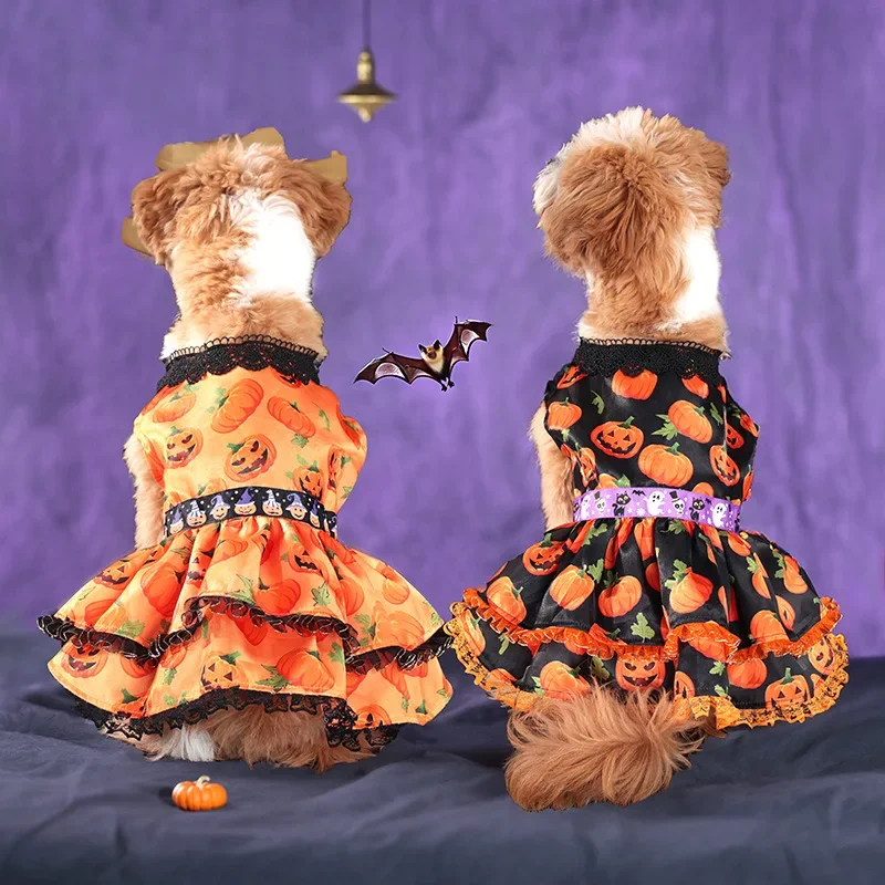 Pet Clothing Pumpkin Lace Skirt Halloween Party Double Layer Skirt Dog Clothing Cross border Explosive