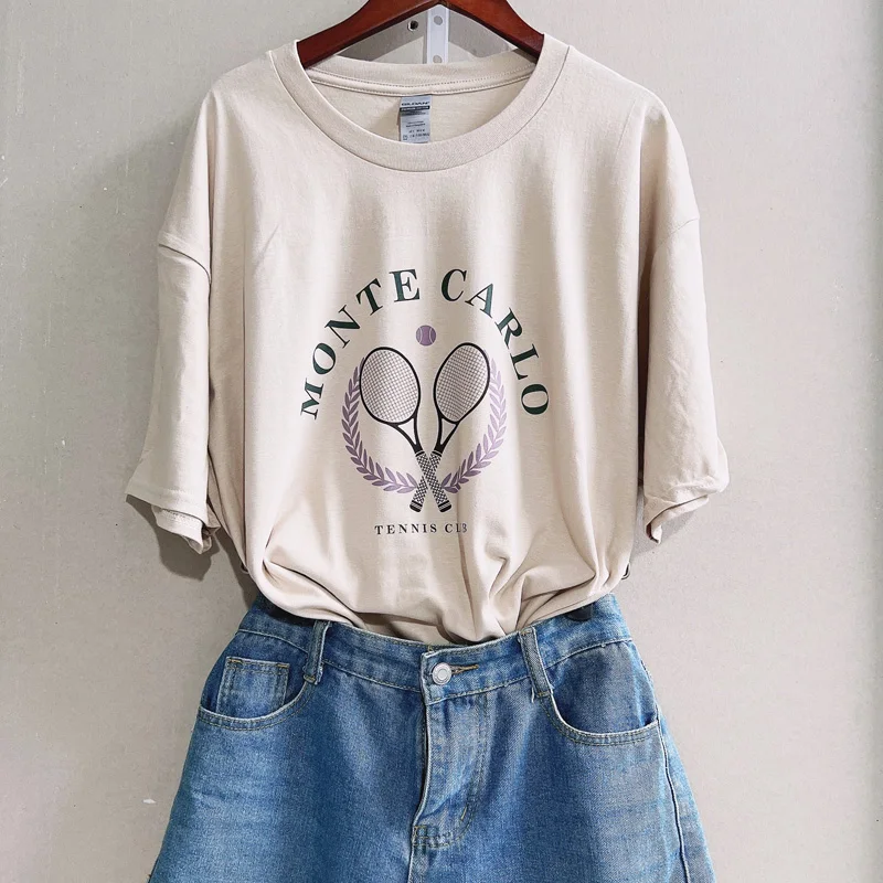 Monte Carlo Tennis Print Women's T-Shirt Summer Cotton Oversized T Shirt Aesthetic Vintage Shirt Streetwear Top Retro Clothes