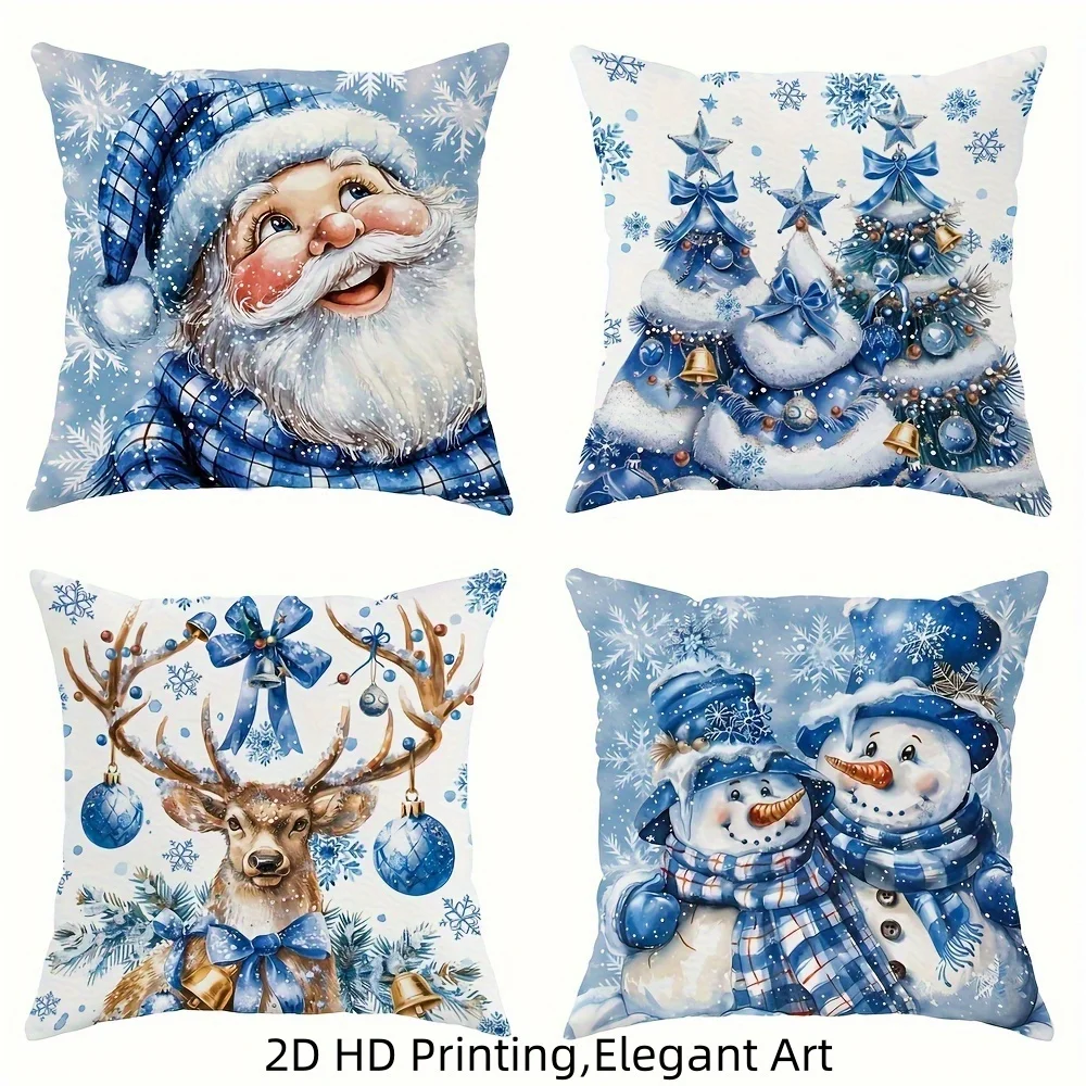 4pcs Ice Blue Christmas Pillow Covers – Blue Plaid Santa & Frosted Tree Design, Elegant Holiday Decor for Living Room