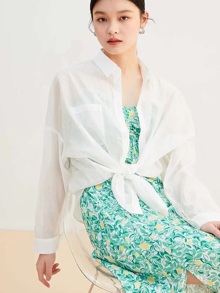 Lightweight Breathable Satin  Collar Casual irt Korean Sle High Faion Comfortable Sun Protection Long Sve Versat...