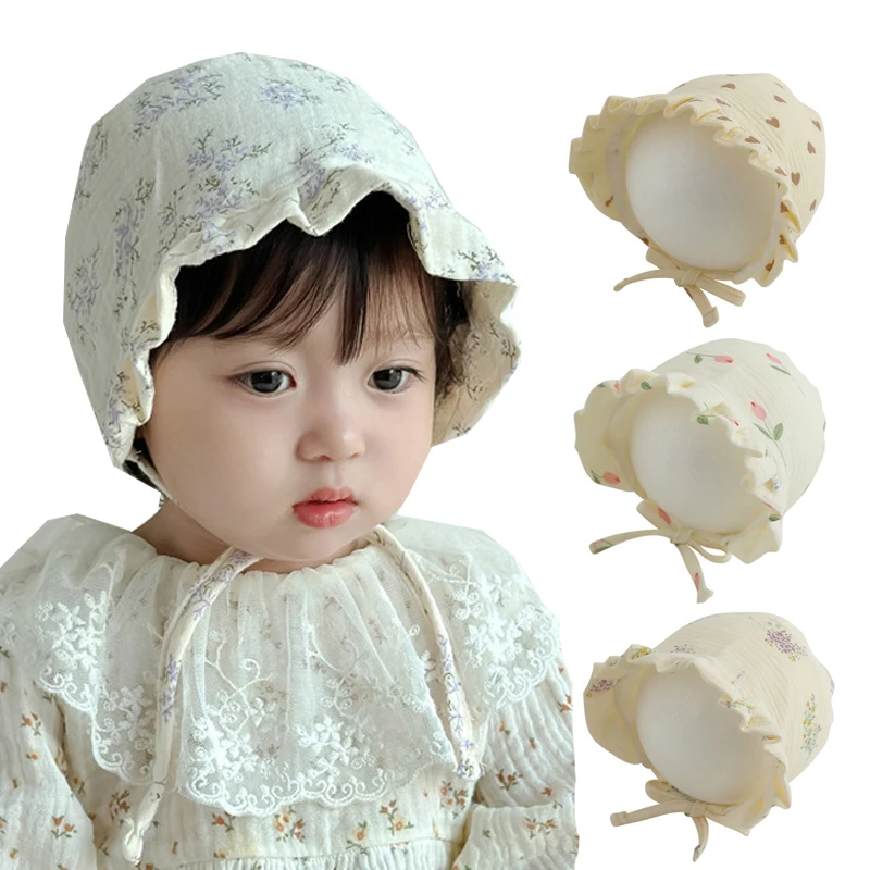 Muslin Newborn Bonnet Baby Girl Hat Floral Heart Infant Beanie Toddler Cap for Girls Princess Baby Hat 0-12M