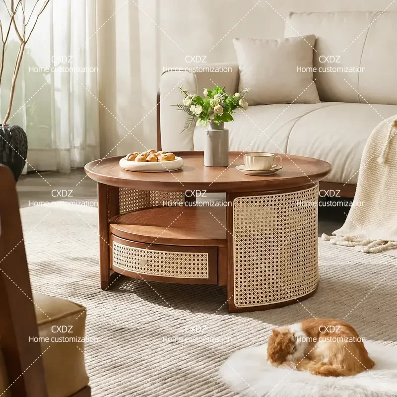 Nordic Japanese rattan round coffee table retro solid wood wabi sabi small low table side table