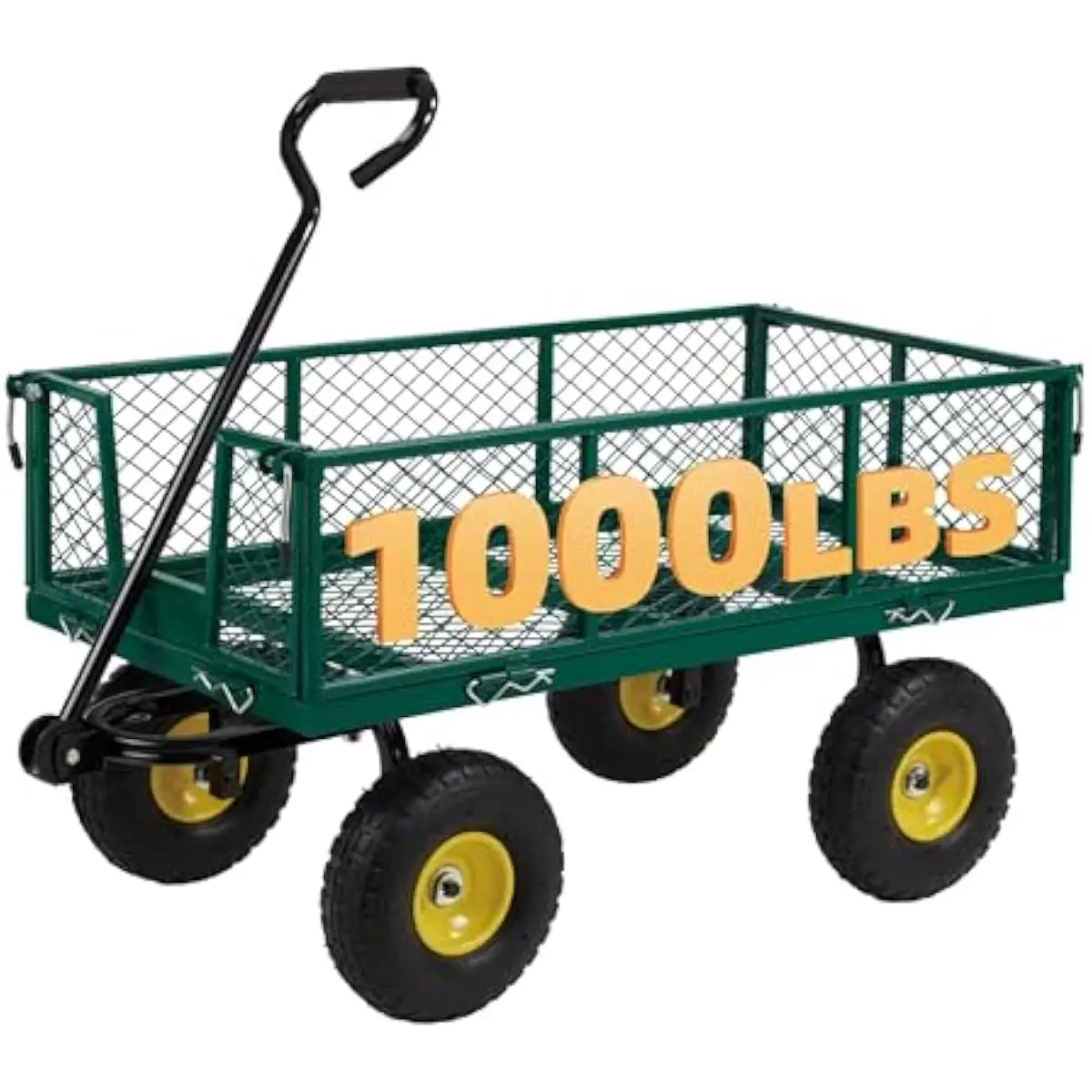 Heavy-Duty Folding Utility Wagon with 10-Inch Flat-Free Wheels, 1000-Lb Steel Mesh Platform, Rotatable Handle, Removable Sides,