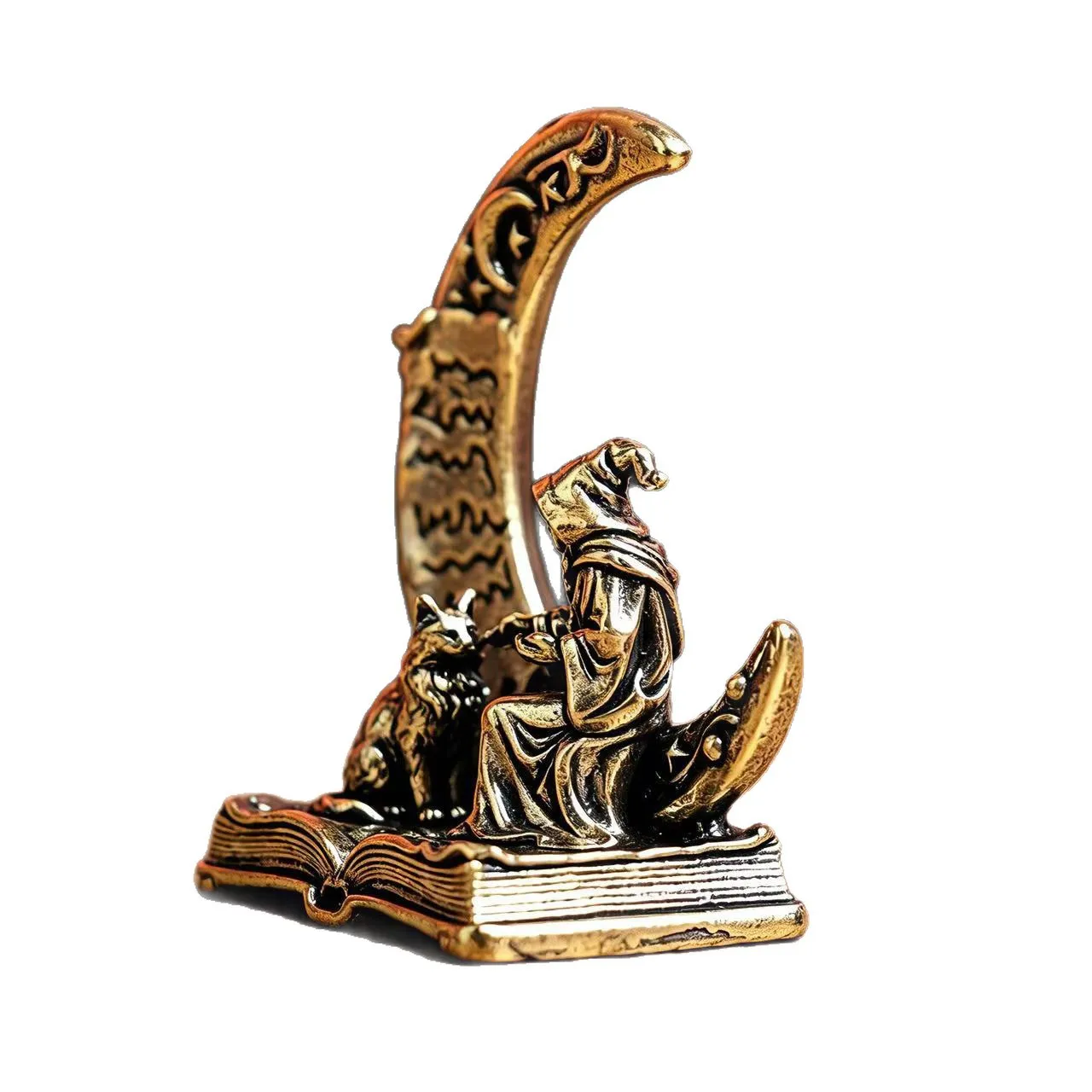 Brass Moon Witch Decoration Statue Ornament with Cat, Vintage Metal Witch Figurine, Halloween Desk Ornament, Collection & Gift. - view 5