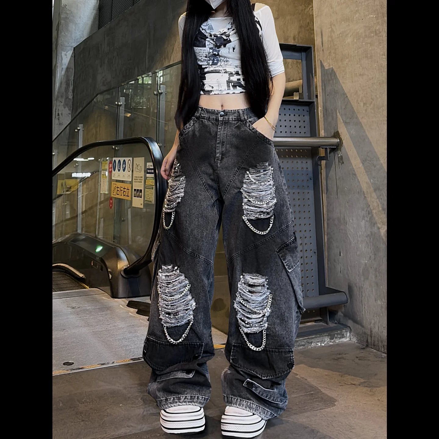 Womens Ripped Cargo Jeans Distressed Black Spray Finish Chain Details for Hip Hop Dance and Alternative Punk Fashion Outfits
